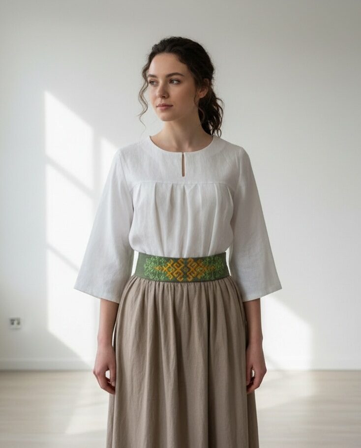 Sieviešu lina blūze ar 3/4 piedurknēm, dabīga linu auduma elegances iedvesmota